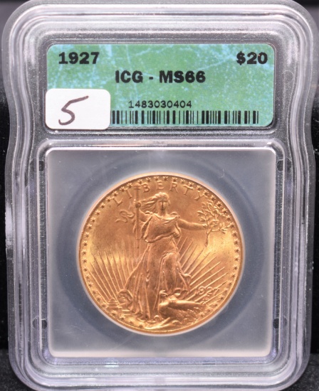 1927 $20 ST. GAUDENS GOLD COIN - ICG MS66