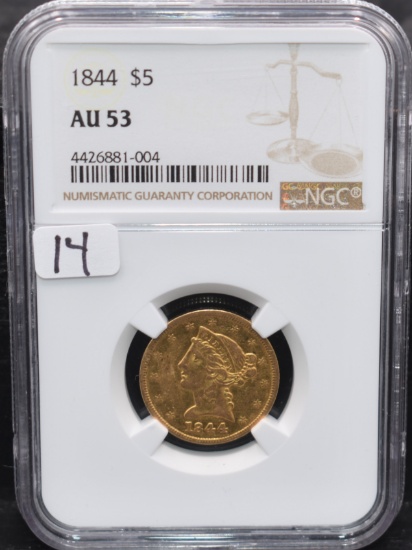 1844 $5 LIBERTY HEAD GOLD COIN - NGC AU53
