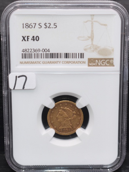 SCARCE 1867-S $2 1/2 INDIAN HEAD GOLD - NGC XF40