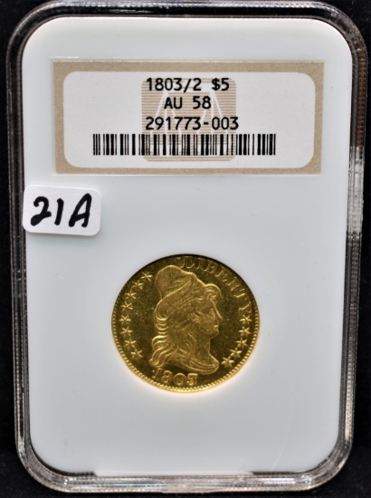 SUPER RARE 1803/2 $5 CAPPED BUST GOLD NGC AU58