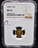 RARE 1860 $1 TYPE III GOLD COIN - NGC MS65