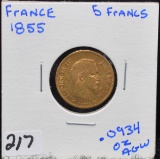 1855 FRENCH 5 FRANC GOLD COIN