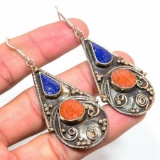 CORAL, LAZULITE OXIDIZE STERLING SILVER EARRINGS