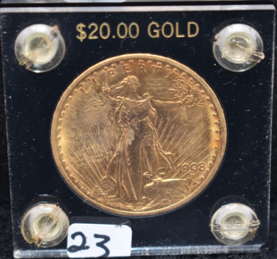 1908 AU+ $20 SAINT GUADENS GOLD COIN