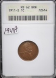 1911-S LINCOLN PENNY - ANACS MS62 BN