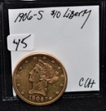1906-S CHOICE UNC $10 LIBERTY GOLD COIN