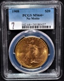 1908 (NO MOTTO) $20 SAINT GAUDENS GOLD PCGS MS64+