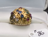 LADIES MULTI COLORED STONE 18K YELLOW GOLD RING