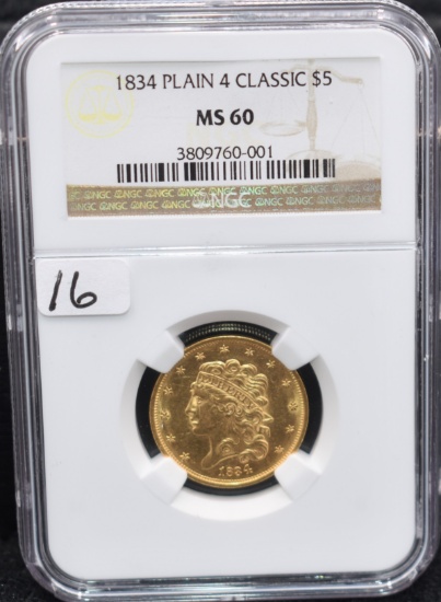 CHOICE 1834 $5 CLASSIC HEAD GOLD COIN NGC MS60