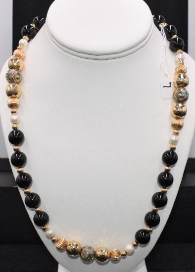 LADIES 14K YELLOW GOLD PEARL, ONYX & OPAL NECKLACE