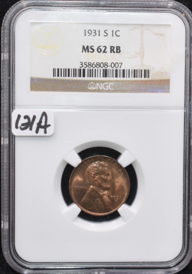 1931-S LINCOLN WHEAT PENNY - NGC MS62 RB
