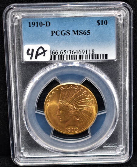 RARE DATE 1910-D $10 INDIAN GOLD COIN - PCGS MS65