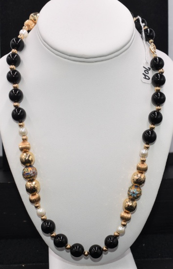 22" PEARL, ONYX & OPAL 14K YELLOW GOLD NECKLACE