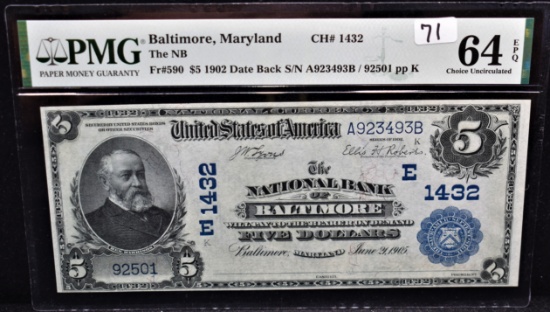 $5 NATIONALCURRENCY "BALTIMORE, MARYLAND" PMG 64