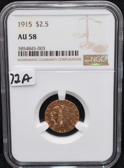 1915 $2 1/2 INDIAN GOLD COIN - NGC AU58