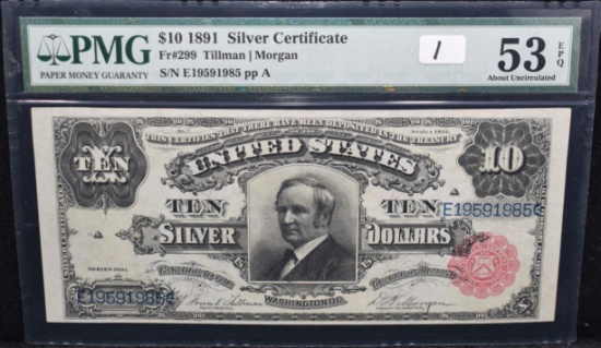 "EXTREMELY RARE" $10 SILVER CERTIFICATE PMG AU53