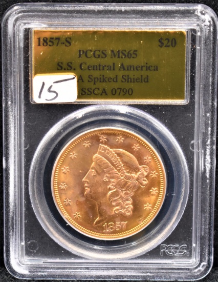 "RARE" 1857-S $20 LIBERTY GOLD COIN PCGS MS65