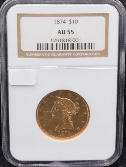 1874 $10 LIBERTY GOLD COIN NGC AU55