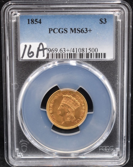 RARE INDIAN HEAD 1854 $3 GOLD COIN PCGS MS63+