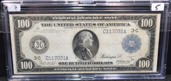 RARE HIGH GRADE $100 FED. RESERVE NOTE 1914 LARGE