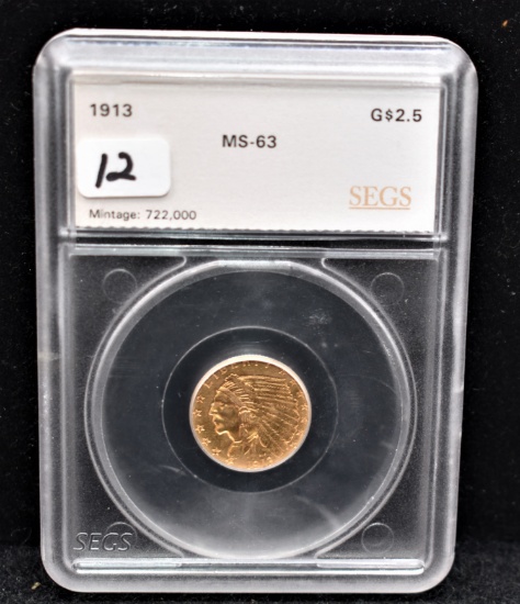 1913 $2 1/2 INDIAN HEAD GOLD COIN SEGS MS63