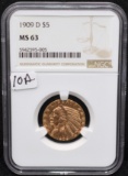 1909-D $5 INDIAN HEAD GOLD COIN NGC MS63