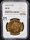 RARE 1874-CC $20 LIBERTY GOLD COIN NGC AU58