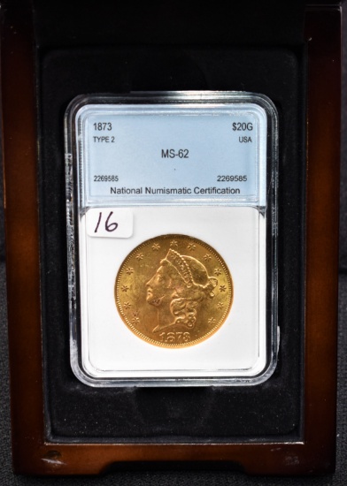 1873 TYPE 2 $20 LIBERTY GOLD DOUBLE EAGLE NNC MS62
