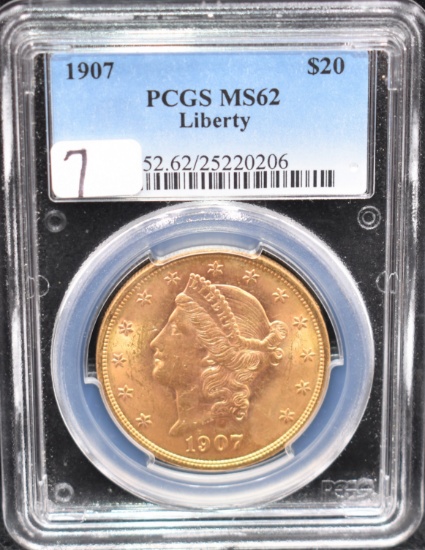 1907 $20 LIBERTY GOLD COIN - PCGS MS62