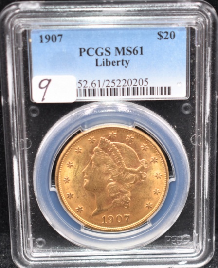 1907 $20 LIBERTY GOLD COIN - PCGS MS61