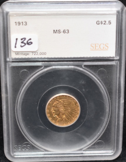 1913 $2 1/2 INDIAN GOLD COIN - SEGS MS63