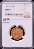 1909-D $5 INDIAN HEAD GOLD COIN - NGC MS61