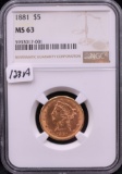 1881 $5 LIBERTY GOLD COIN - NGC MS63