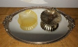 ANTIQUE VANITY TRAY MIRROR AND SHELL DISH