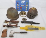 BOX OF MISC - HELMETS, KNIVES, MILITARY MEDALS ETC