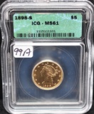 1898-S $5 LIBERTY GOLD COIN - ICG MS61