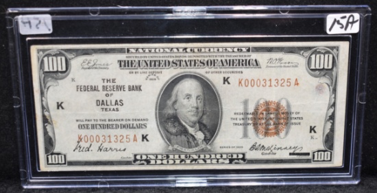 CHOICE AU+ $100 NATIONAL CURRENCY "DALLAS" 1929
