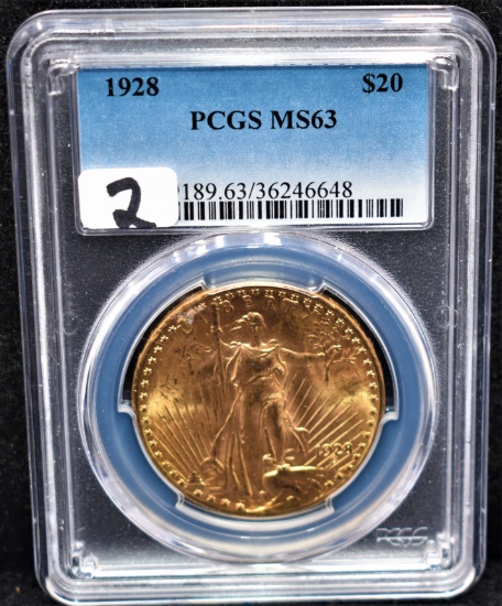 1928 $20 SAINT GAUDENS GOLD COIN - PCGS MS63