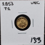 RARE TYPE 1 1853 $1 GOLD LIBERTY COIN