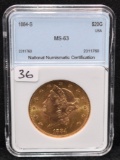 1884-S $20 LIBERTY GOLD COIN NNC MS63