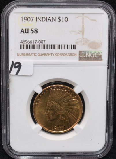 1907 $10 INDIAN HEAD GOLD COIN - NGC AU58