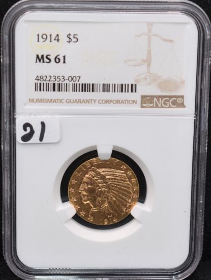 1914 $5 INDIAN HEAD GOLD COIN - NGC MS61