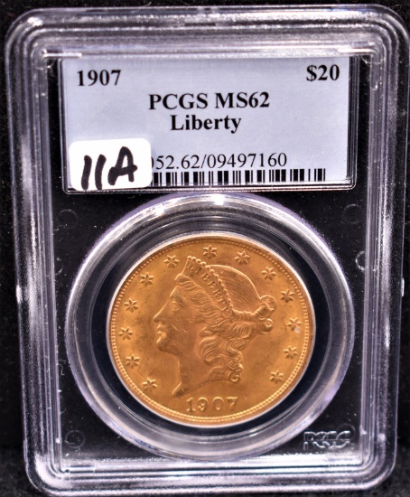 1907 $20 LIBERTY GOLD COIN - PCGS MS62