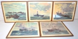 5 FRAMED PRINTS OF WW II SHIPS