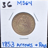 1853 ARROWS & RAYS SEATED QUARTER - HIGHER GRADE
