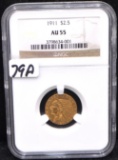 1911 $2 1/2 INDIAN HEAD GOLD COIN - NGC AU55