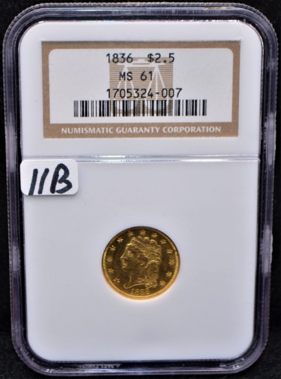 RARE 1836 $2 1/2 CLASSIC HEAD GOLD COIN - NGC MS61