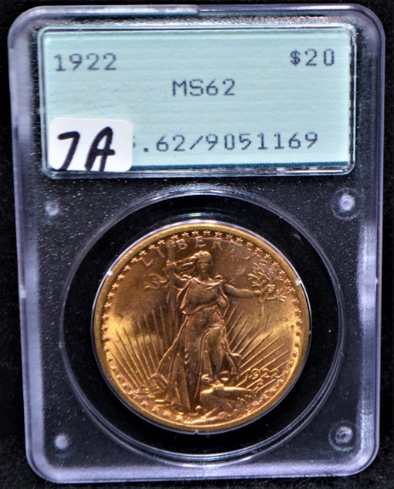 1922 SAINT GAUDENS $20 GOLD COIN - PCGS MS62