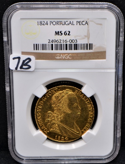 VERY RARE 1824 PORTUGAL PECA GOLD COIN - NGC MS62