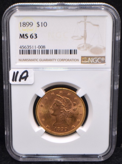 SCARCE 1899 $10 LIBERTY GOLD COIN - NGC MS63